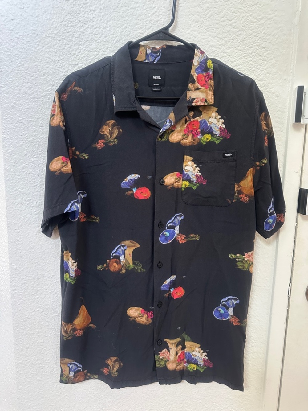 Vans Black Short-Sleeve Button-Up with Colorful Floral & Mushroom Print